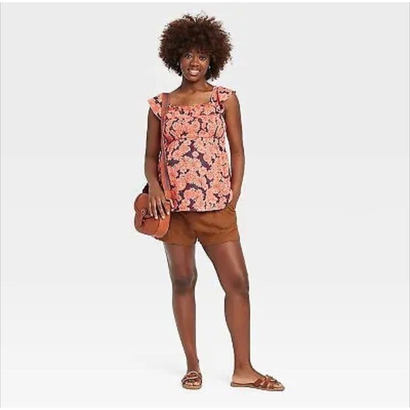 Women's Isabel Maternity Ruffle Smocked Maternity Tank Top Pink Floral - Picture 2 of 8